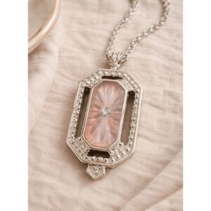 Avon VTG Frostlights Pink Camphor Glass Silver tone Pendant 1970s Rare Art Deco